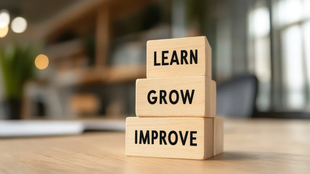 building blocks with the words learn, grow and improve