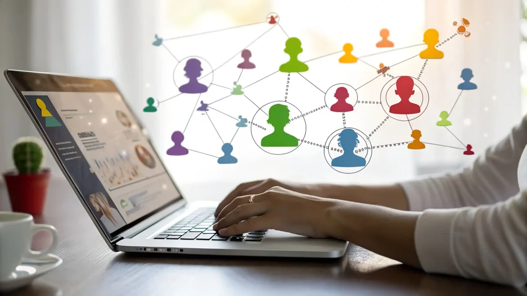 close up on hands over a laptop with icons showing linked people