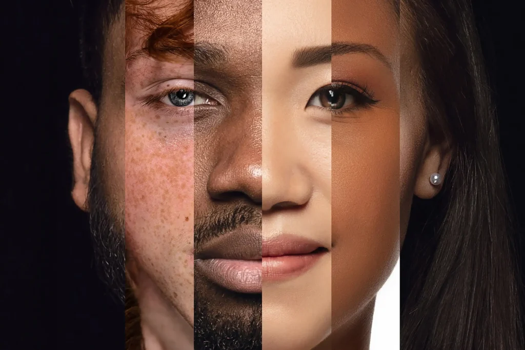 a close up of a face made up of 6 different faces - The evolving face of leadership