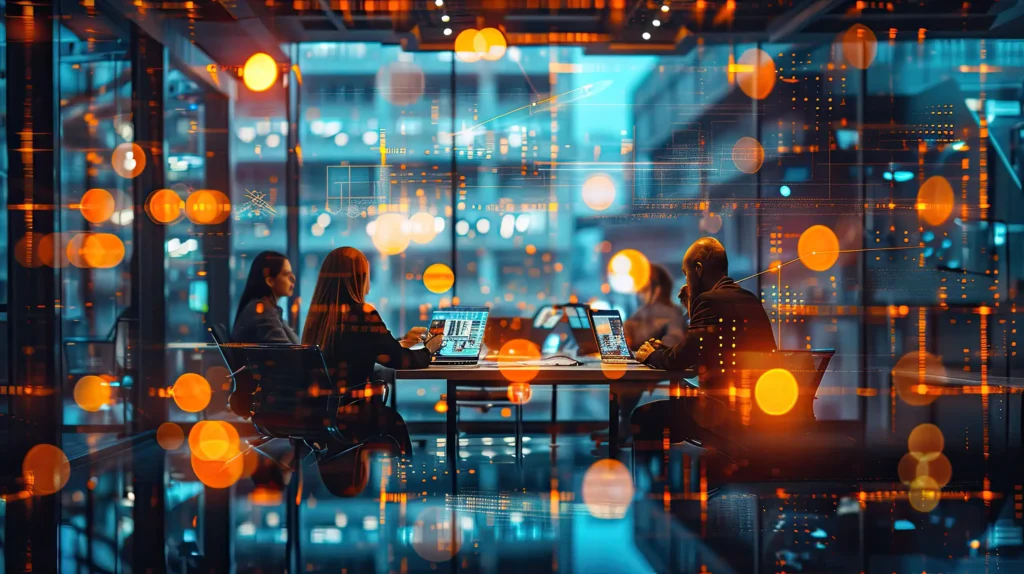 four people sitting round a table looking at laptops