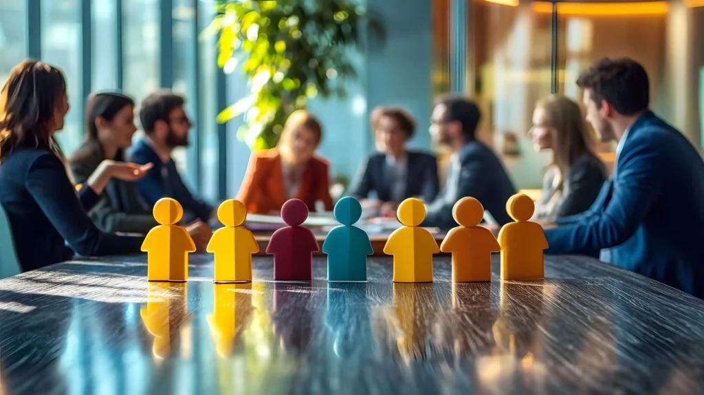 a meeting table with 8 people out of focus, close up on 7 simple graphics of people