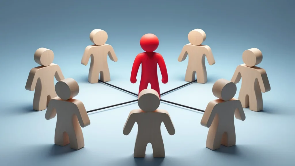 Red figure surrounded by 7 figures around it, showing expanding influence to others. The phenomenon of chain infection. Leadership and leaders.